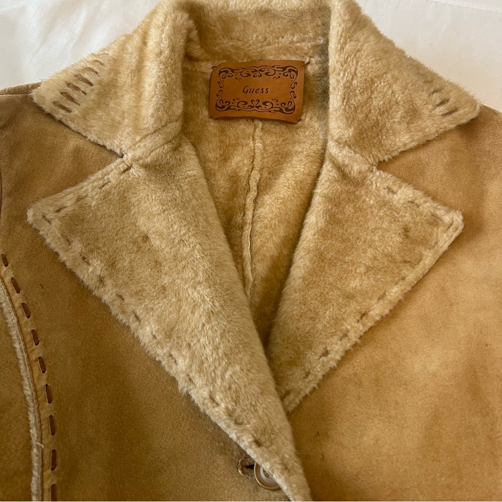 Vintage Y2K Guess Genuine Leather Penny Lane Shearling 70s Style Coat Camel M - Picture 6 of 13